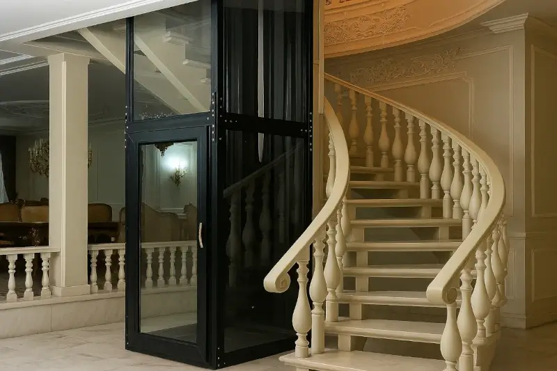Glass home elevator installed beside a luxury curved staircase inside a villa