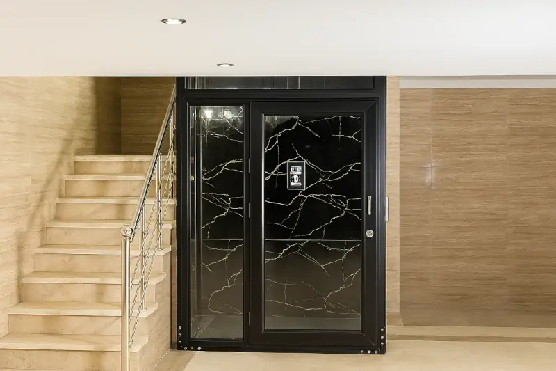 Luxury indoor home lift with black glass cabin and gold marble pattern