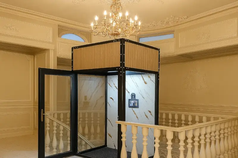 Top-floor view of a luxury home elevator with marble wall design