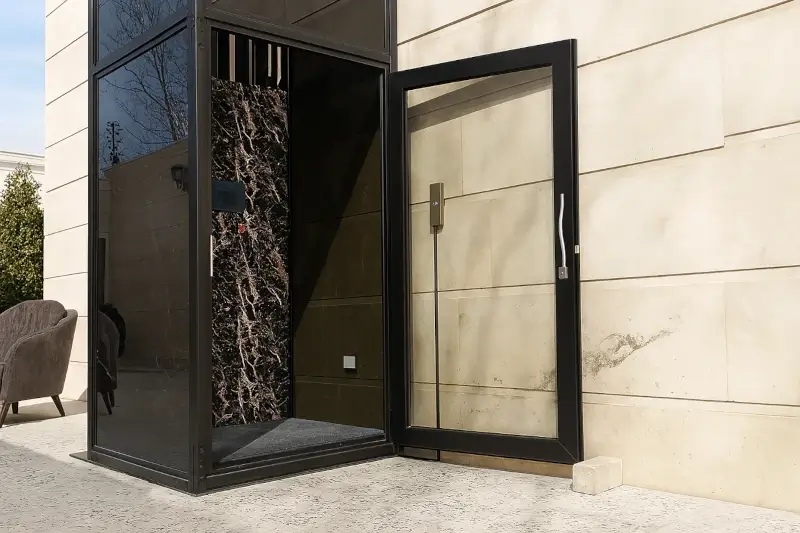 Outdoor glass home lift with marble interior design installed in a modern building