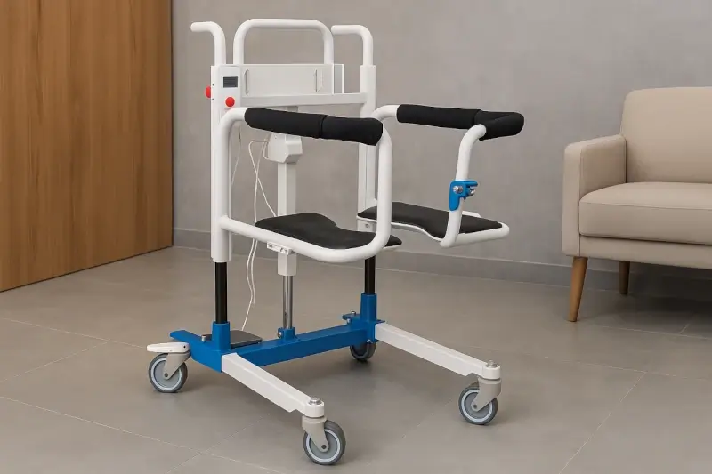Electric patient transfer chair with modern design and soft seat; suitable for bathroom use or transfers at home and care facilities