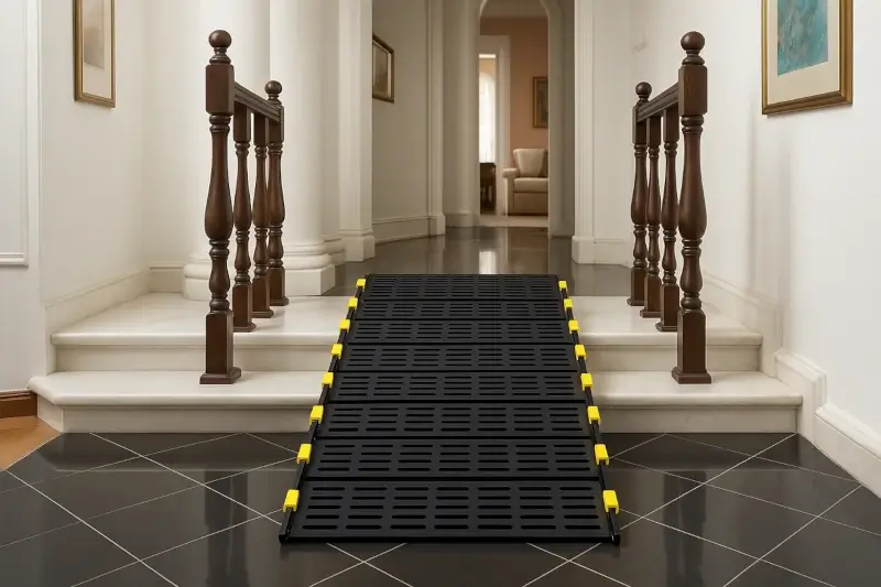 Modular black ramp with yellow locks for wheelchair access inside a duplex home with ceramic flooring and wooden handrails, suitable for seniors and people with limited mobility