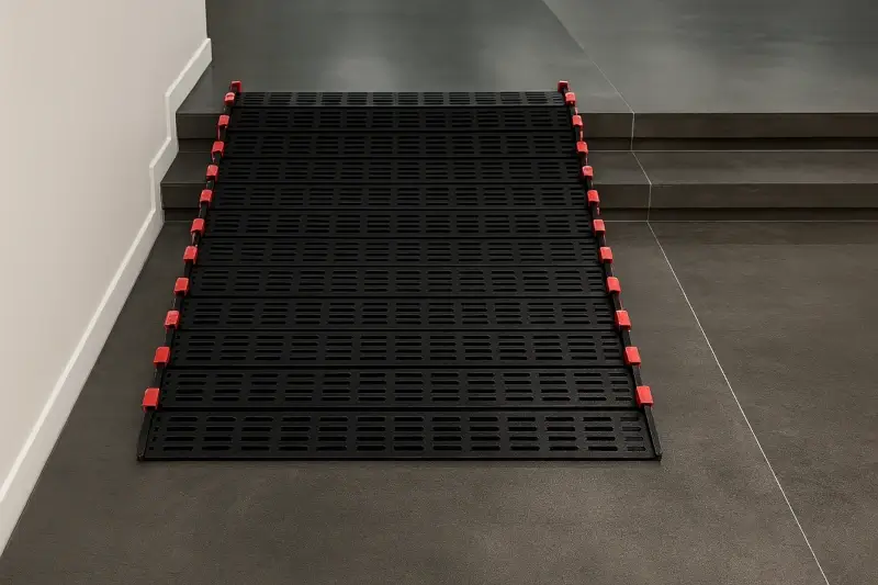 Black wheelchair ramp with red clamps providing easy access in an indoor space with dark flooring and modern design