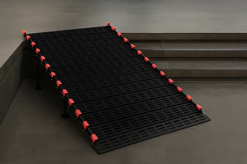 Modular black ramp with red side grips for wheelchair access over several steps, with support legs and anti-slip design, suitable for indoor spaces or entrances of public venues