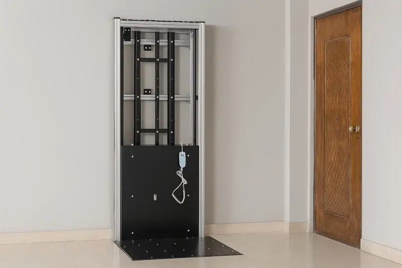 Indoor vertical home lift without cabin in an apartment, with open-frame design and manual controls