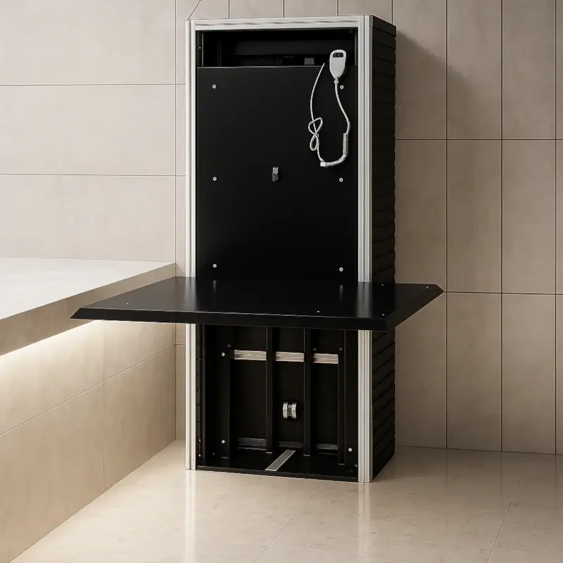 Modern vertical wheelchair lift with open platform, suitable for indoor installation next to stone or ceramic walls