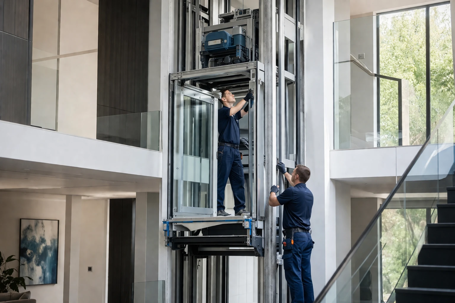 Technician inspecting incorrect home lift installation highlighting common mistakes and safety issues